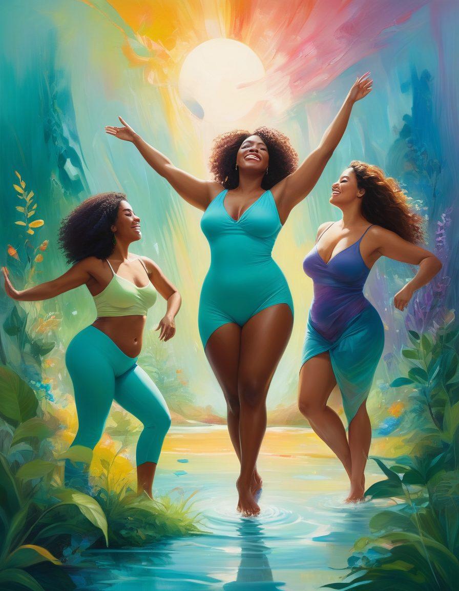 A vibrant photography montage showcasing diverse individuals celebrating body positivity in playful poses. Emphasize natural beauty with soft lighting and expressive gestures, surrounded by colorful abstract shapes that symbolize joy and freedom. The backdrop should hint at a serene outdoor setting, adding a touch of nature's tranquility. Include elements that reflect authenticity and empowerment. surrealistic painting. vibrant colors. soft focus.